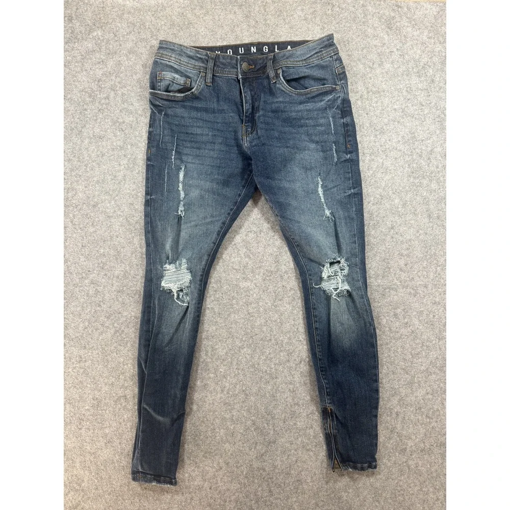 YoungLA Distressed Skinny Jeans 28 Blue Ripped Ankle Zip Denim